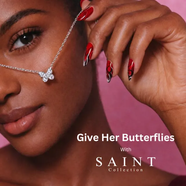 Give Her Butterflies with Saint Collection — model wearing a crystal butterfly necklace