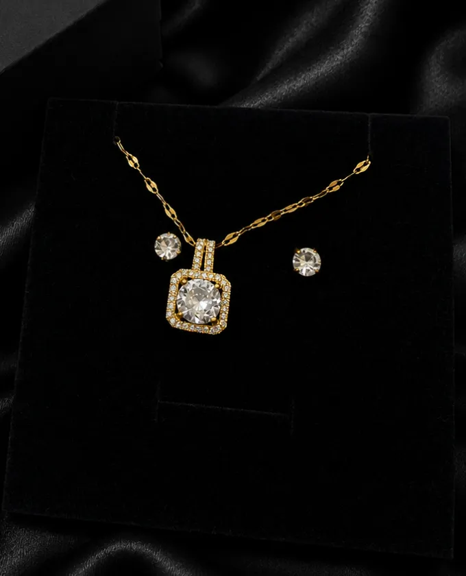 Gold square halo crystal necklace
